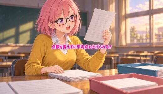 教室で答案を見比べるゆらち。中央に「点数を変えずに平均点を上げられる？」