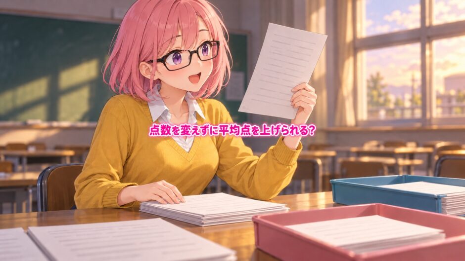 教室で答案を見比べるゆらち。中央に「点数を変えずに平均点を上げられる？」