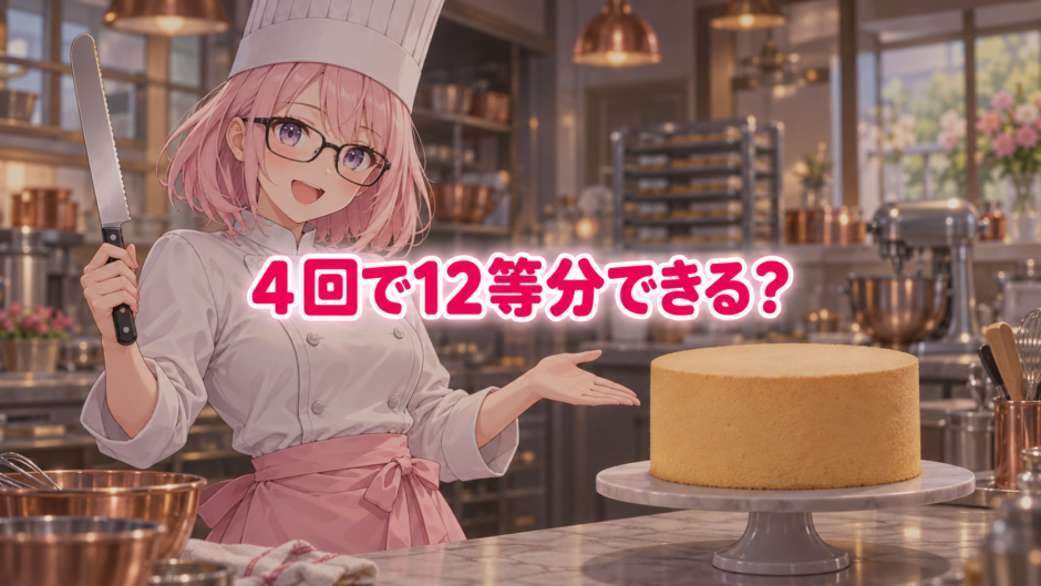 4回で12等分できる？ パティシエ姿のゆらちと、まだ切っていない円柱形のケーキ。
