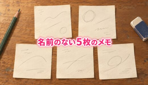 木の机に並ぶ5枚のメモ。中央に「名前のない5枚のメモ」の文字。