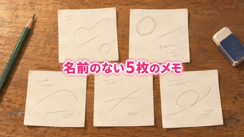 木の机に並ぶ5枚のメモ。中央に「名前のない5枚のメモ」の文字。