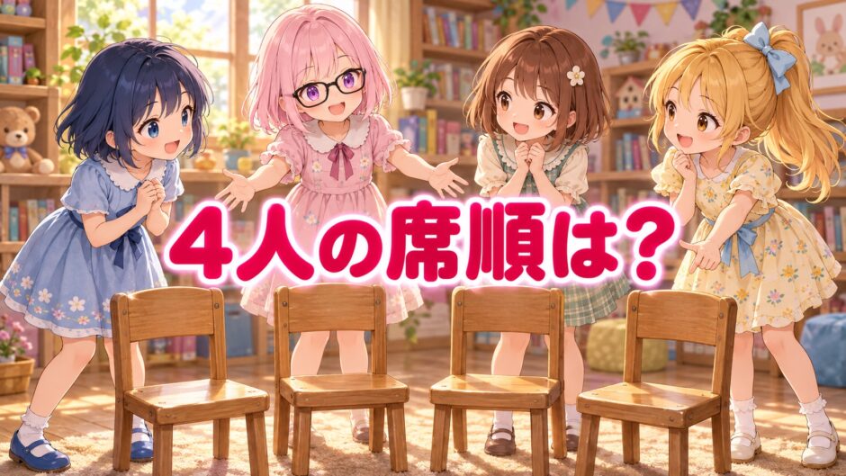 4人の小さな女の子が空いた椅子を囲む。ゆらちはピンクのボブ、紫の瞳、黒いメガネの姿。中央に「4人の席順は？」。