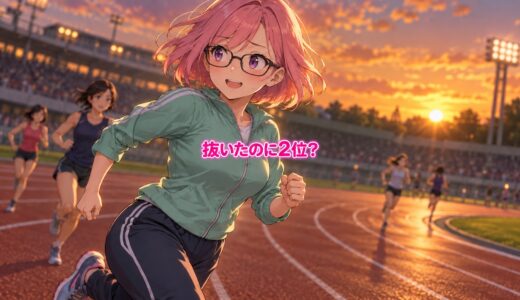 夕方の競技場を走るゆらち。中央に「抜いたのに2位？」