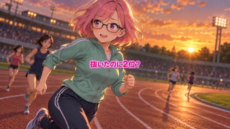 夕方の競技場を走るゆらち。中央に「抜いたのに2位？」