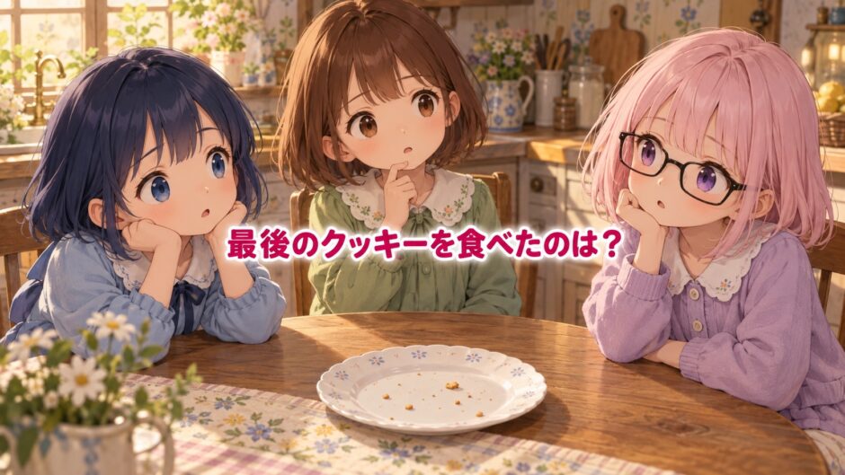 空のお皿を囲んで考える3人の女の子。ピンクのボブ、紫の瞳、黒いメガネのゆらち。中央に小さめの文字で「最後のクッキーを食べたのは？」。