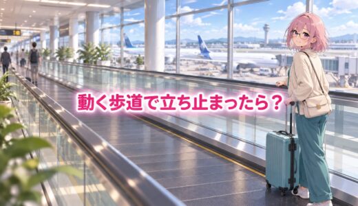 空港の水平な動く歩道に、旅行かばんを持ったゆらちが立っている。中央に問題の題字。