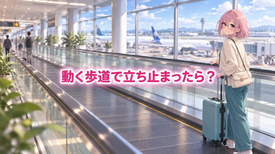 空港の水平な動く歩道に、旅行かばんを持ったゆらちが立っている。中央に問題の題字。