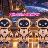 宇宙船で中央に並ぶ3体のロボット。Aはにっこり、Bはぼーっとした顔、Cは怪しげな笑顔。