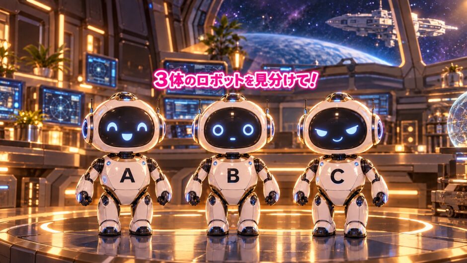 宇宙船で中央に並ぶ3体のロボット。Aはにっこり、Bはぼーっとした顔、Cは怪しげな笑顔。
