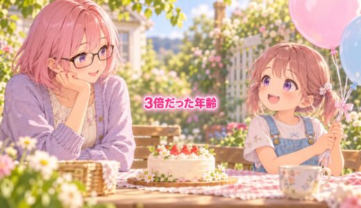 庭で誕生日を祝うゆらちと妹。中央に「3倍だった年齢」