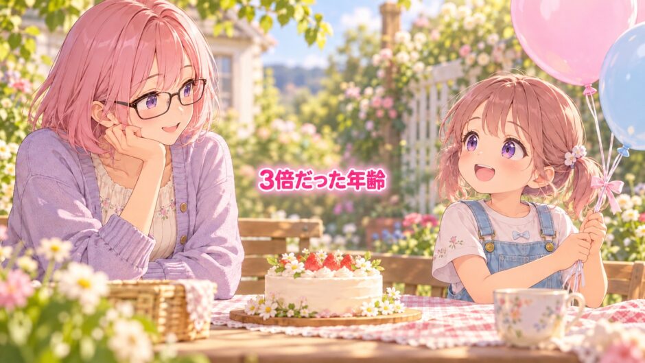 庭で誕生日を祝うゆらちと妹。中央に「3倍だった年齢」
